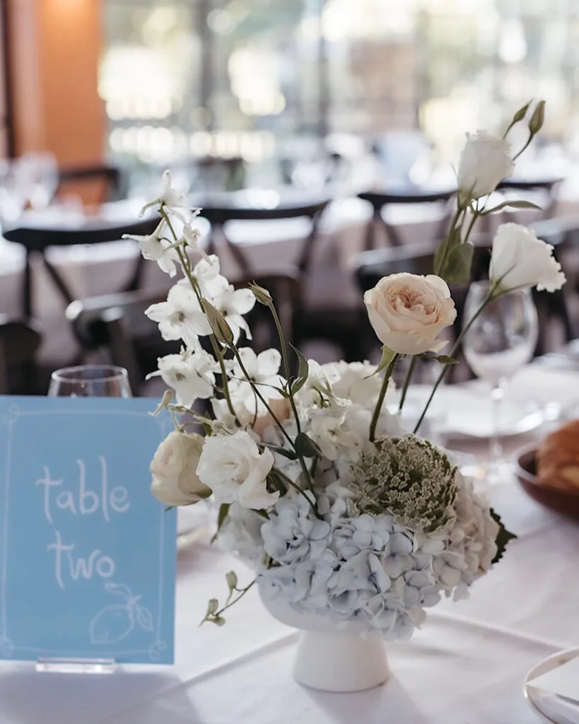 Blue-and-white hydrangea and rose centrepiece beside a table-number card